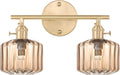 Vintage Glass Wall Sconce, 2-Light Brass Gold Bathroom Lighting Fixtures Over Mirror, Ribbed Vanity Wall Light with Amber Glass Shade, E26 Base for Bedroom, Dressing Table, Hallway