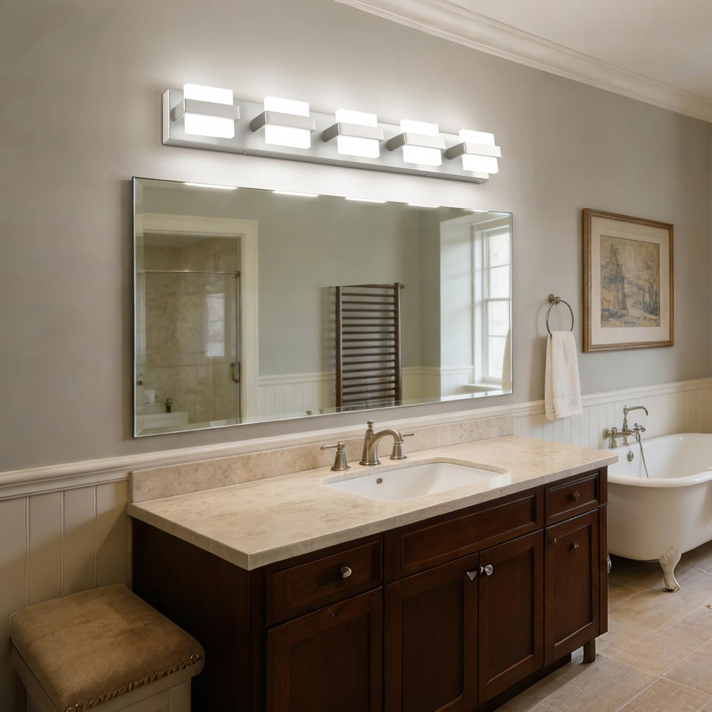 SOLFART 5-Light Bathroom Vanity Lights Over Mirror,Brushed-Nickel LED Modern Vanity Lights for Bathroom, Dimmable