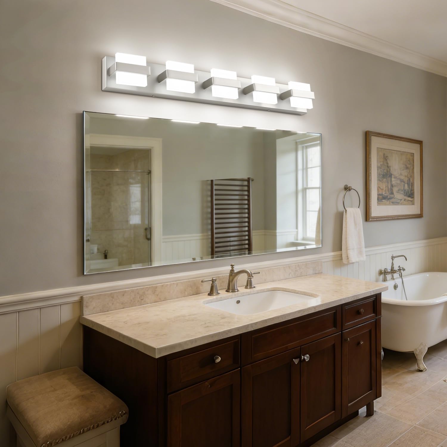 SOLFART 5-Light Bathroom Vanity Lights Over Mirror,Brushed-Nickel LED Modern Vanity Lights for Bathroom, Dimmable