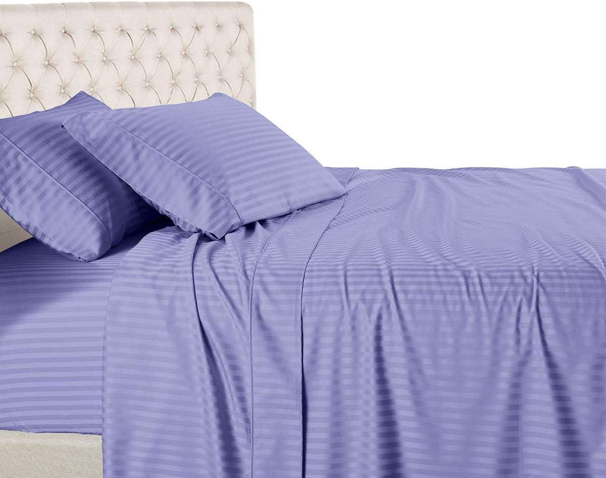 Royal Hotel Bedding Stripe Sheets - Split-Queen: Adjustable Queen Bed Sheets - 5PC Bed Sheet Set - 100% Cotton - 600 Thread Count - Deep Pocket, Split Queen, Periwinkle
