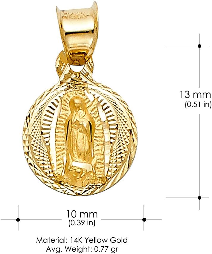Ioka 14K Yellow Gold Diamond Cut Our Lady of Guadalupe Stamp Charm Pendant with 0.9mm Singapore Chain Necklace