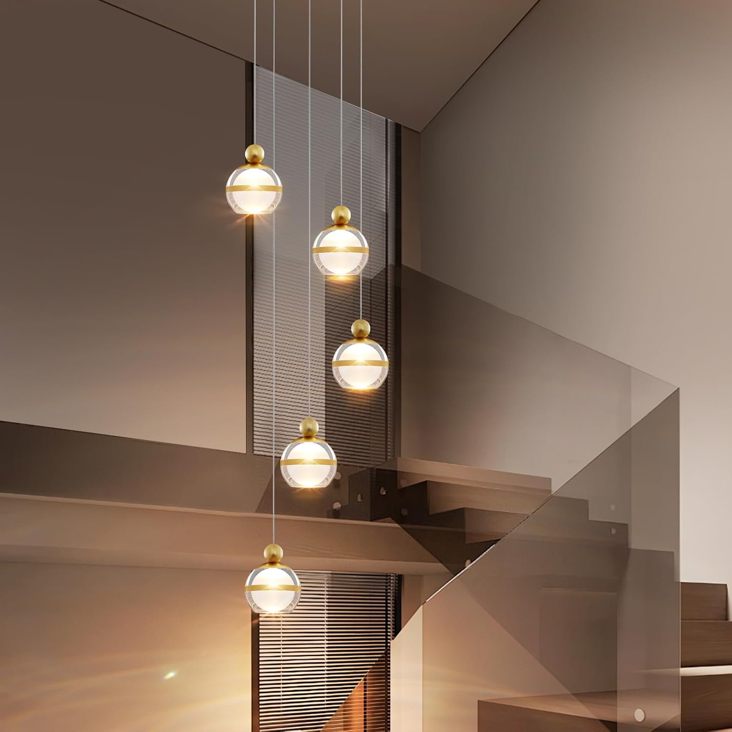 5-Light Gold Chandelier, 32W Modern LED Chandeliers, Adjustable Globe Hanging Ceiling Light Chandelier for Living Room Dining Room Foyer Staircase Entryway