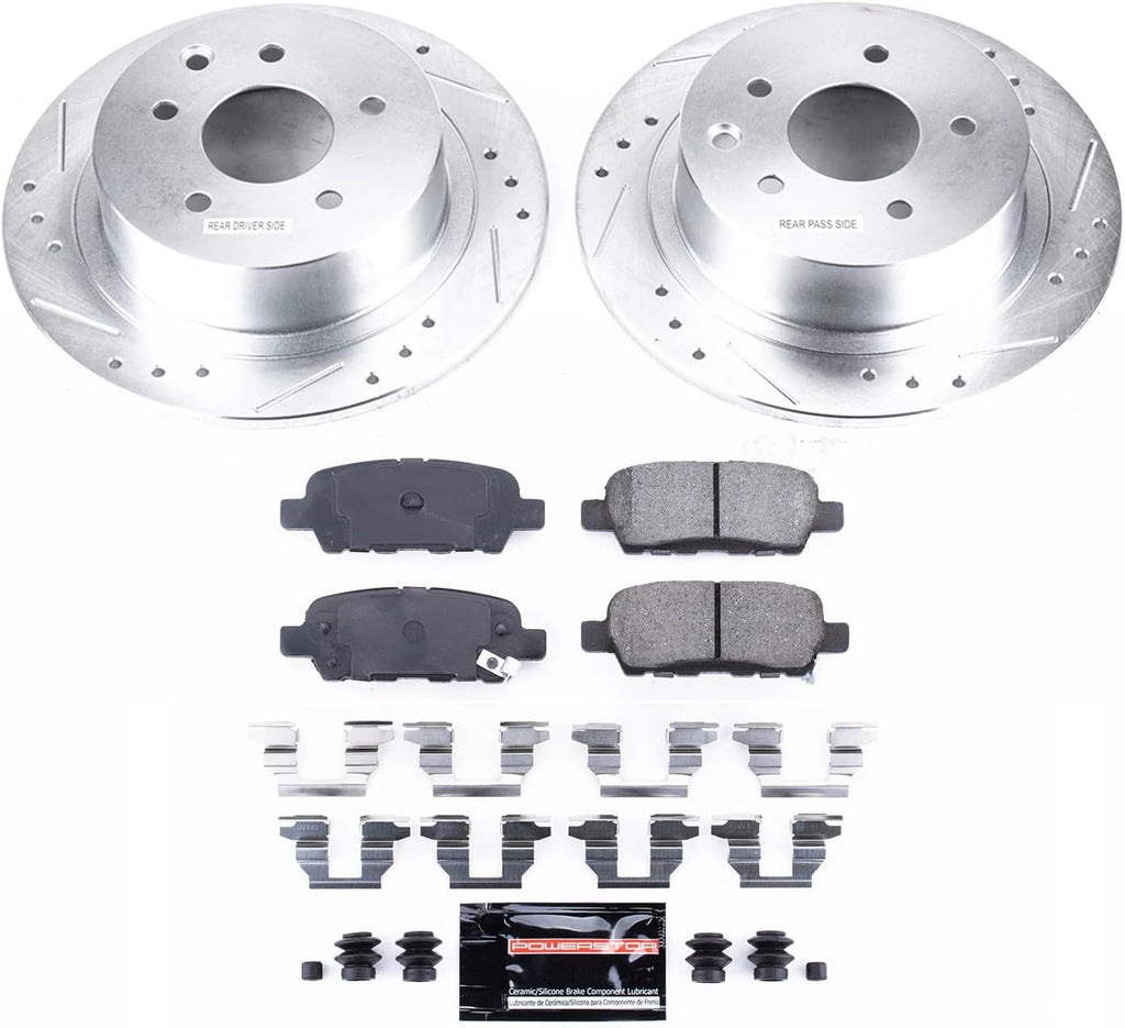 PowerStop Rear Brake Kit for Nissan Altima 2002-06 |Altima 2010-24 |Juke 2011-17 |Maxima 2004-08 - Drilled and Slotted Disc Rotors with Carbon-Fiber Ceramic Brake Pads Replacement, K098