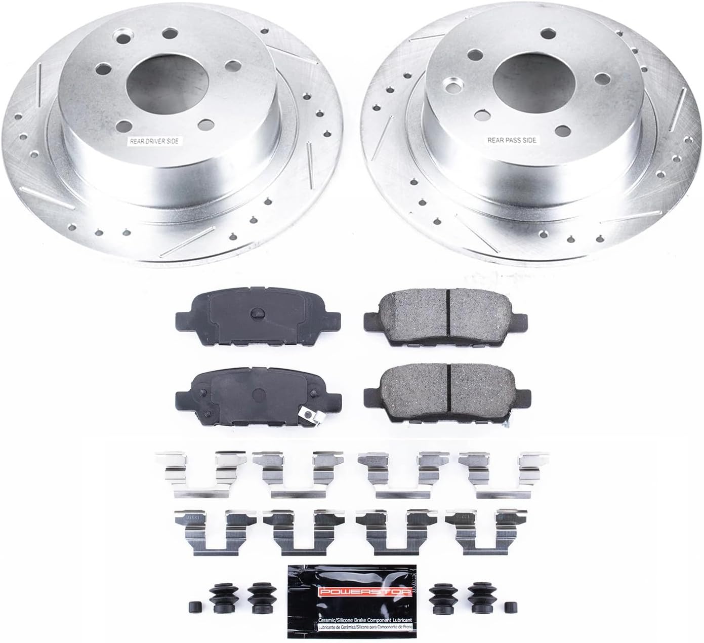 PowerStop Rear Brake Kit for Nissan Altima 2002-06 |Altima 2010-24 |Juke 2011-17 |Maxima 2004-08 - Drilled and Slotted Disc Rotors with Carbon-Fiber Ceramic Brake Pads Replacement, K098