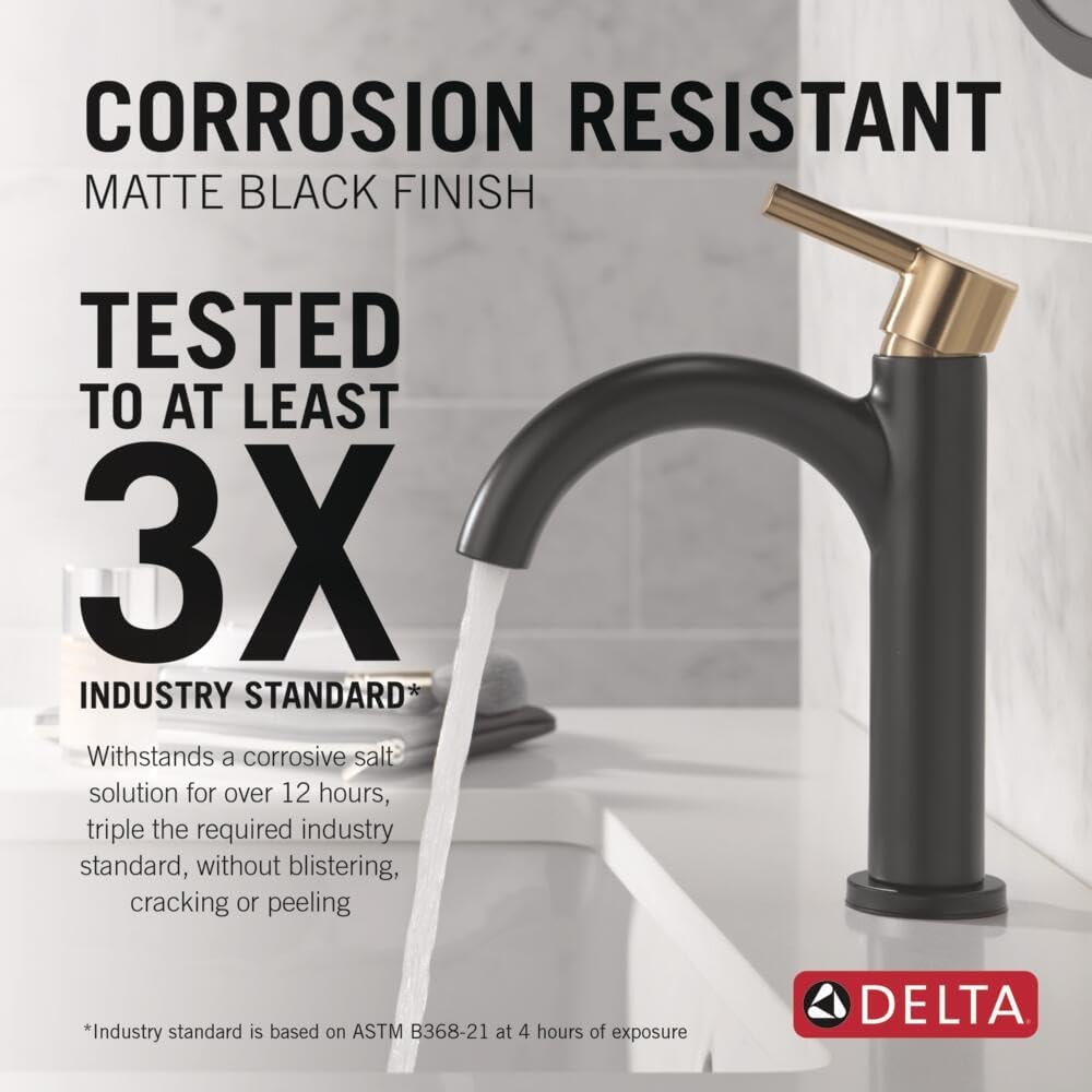 Delta Nicoli Matte Black/ Brushed Gold Bathroom Faucet 1 Hole, Single Hole Bathroom Sink Faucet for Vanity, Push-Pop Drain Assembly, Matte Black/ Champagne Bronze 15749LF-GZ