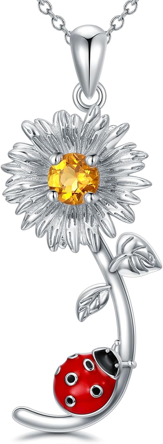 Daisy Ladybug Necklace 925 Sterling Silver Natural Citrine Daisy Flower Red Ladybug Pendant Jewelry Gifts for Women