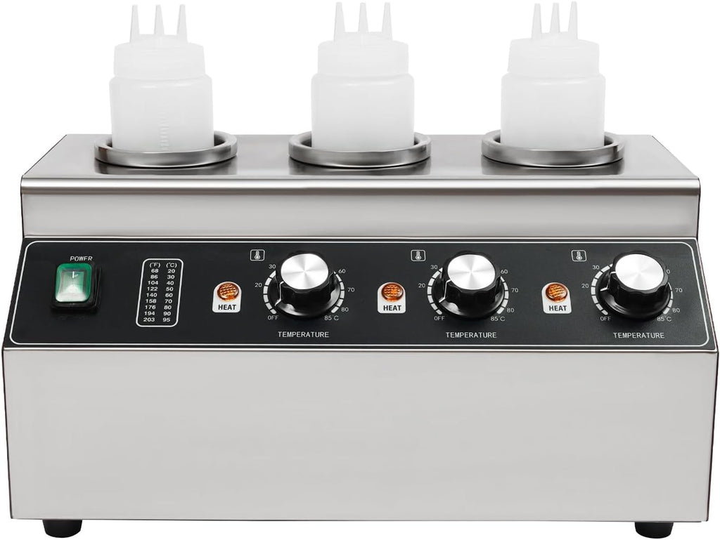 Electric Sauce Warmer Dispenser, 240W Countertop Stainless Steel Jam Heat Preservation Machine with 3x680ml Squeeze Bottle, Commercial Hot Fudge Dispenser Warmer for Nacho Cheese Ketchup (3 Bottle)