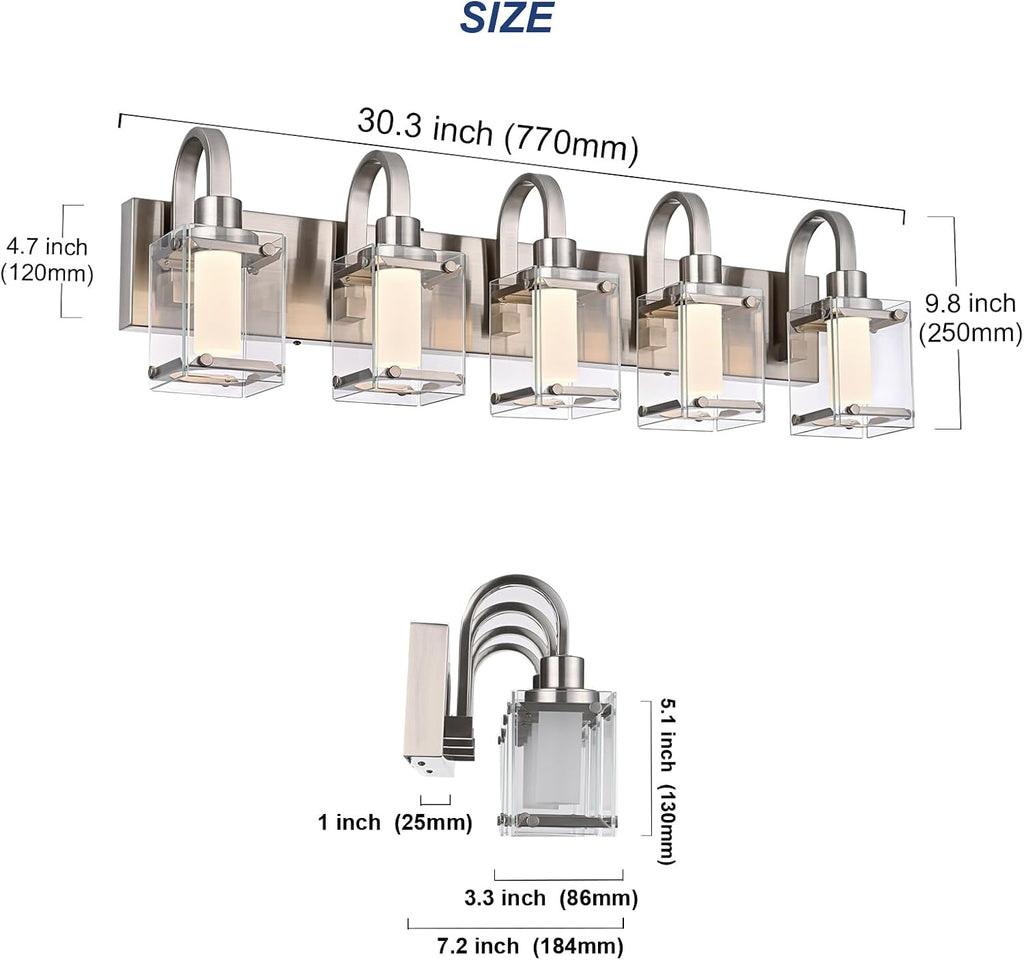 TODOLUZ 5-Light Bathroom Vanity Light,Brushed Nickel LED Modern Wall Light with 5 Color Modes LED Bathroom Light Fixture with Frosted Column and Clear Glass Shade