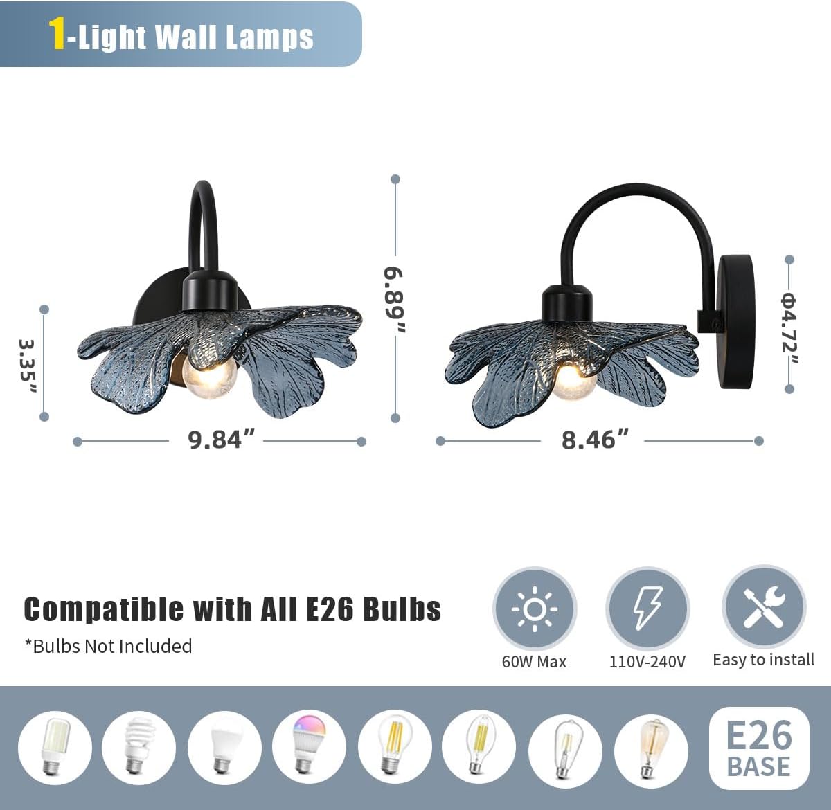 Vintage Wall Sconces Set of Two Matte Black Bathroom Vanity Light Mid Century Modern Wall Sconce Blue Glass Wall Lamp Vanity Light Over Mirror Bedroom Wall Sconces for Bedroom Living Room