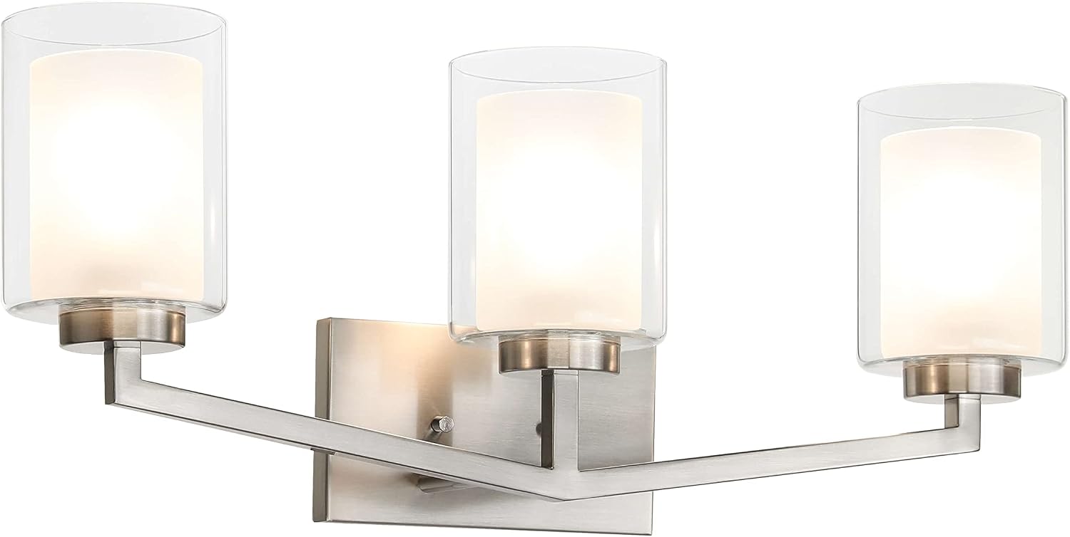XiNBEi Lighting Brushed Nickel Bathroom Vanity Light, Modern 3-Light Bathroom Light Fixture with Dual Glass Shade Iron Wall Sconce Lighting Over Mirror XB-W1294-3-BN