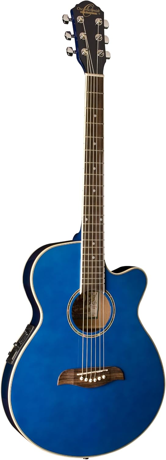 Oscar Schmidt OG8CETBL-A-U Shallow Folk Style Acoustic Electric Guitar. Trans Blue