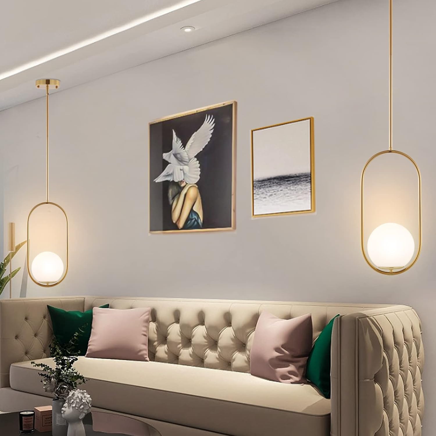 BYOLIIMA Modern Gold Globe Pendant Light Mid Century Chandelier 1-Light Brushed Brass Ceiling Hanging Lighting Fixture with White Globe Glass Lampshade for Kitchen Island Dining Room Bedroom (2 Pack)