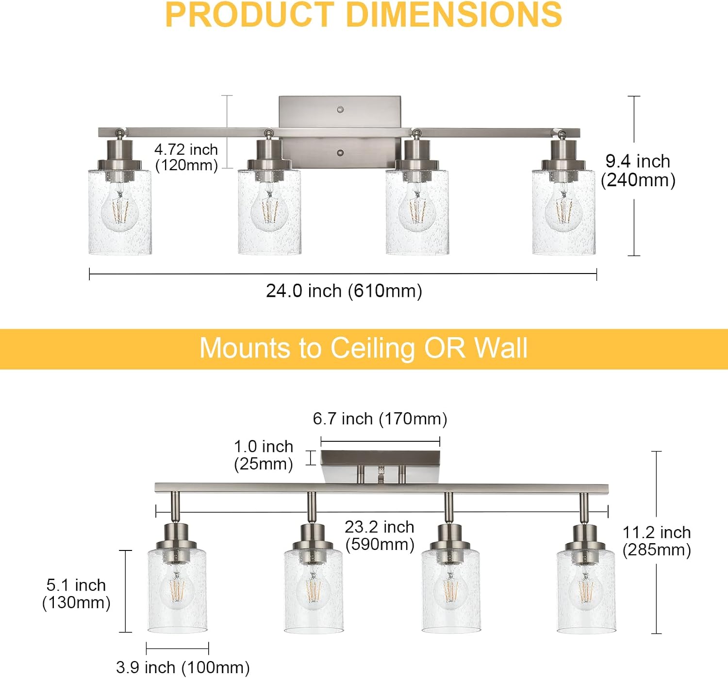 4-Light Brushed Nickel Kitchen Track Lighting Fixtures Ceiling Mount Track Lighting Kit with Bubble Seeded Glass Shade Modern Bathroom Tracking Vanity Lights Ceiling Tracking Accent Shop Light