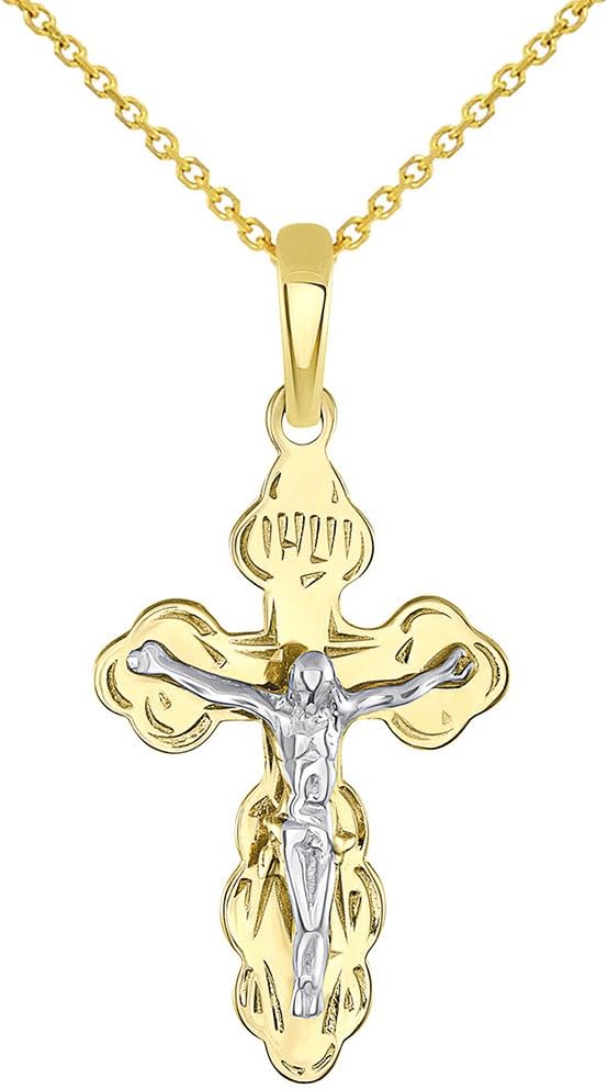 Solid 14k Two Tone Gold Eastern Orthodox Cross Save and Protect Crucifix Pendant Necklace