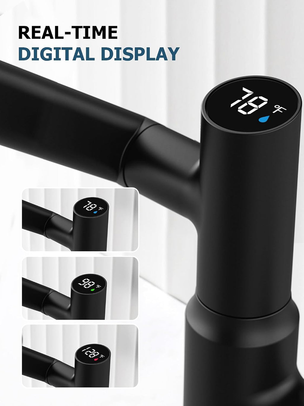 Lefton Rotatable Bathroom Faucet with Temperature Display in Fahrenheit (Batteries-Free), 3 Water Outlet Modes, Matte Black, BF2204-3