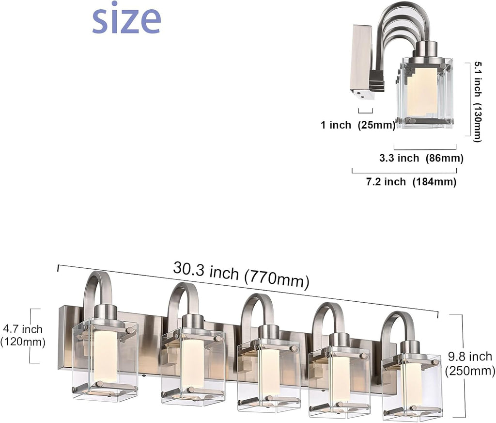 5-Light Brushed Nickel Vanity Light Fixtures, Modern LED Bathroom Wall Lights for Dressing Room, Integrated LED Chips with Frosted Column & Clear Square Glass Shades, Energy Saving Wall Sconce