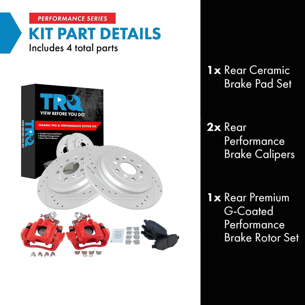 TRQ Performance Rear Brake Pad and Rotor Set Ceramic Slotted Drilled Coated Rotors Calipers Compatible with 2010-2018 Ford Explorer 2010-2012 Flex 2013-2018 Taurus 2010-2013 Lincoln MKT