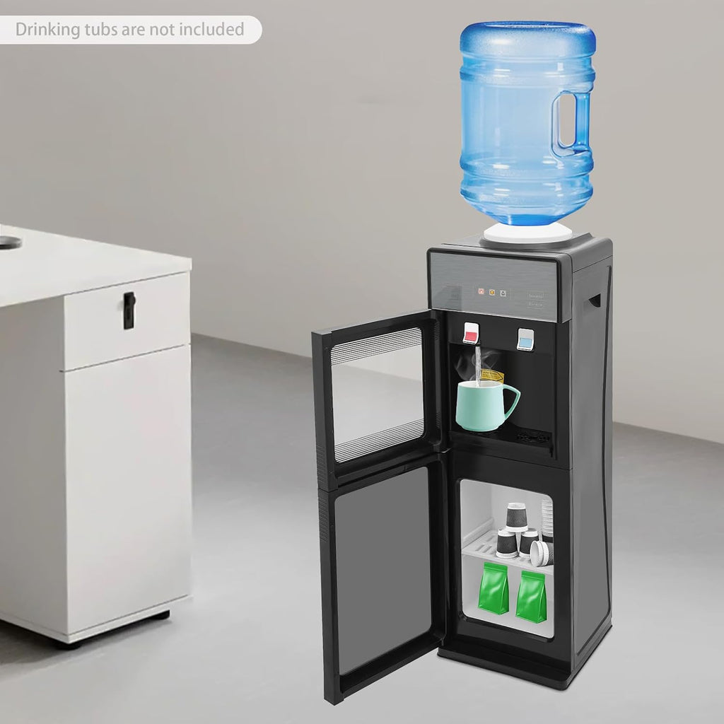 Bacocoo Freestanding Hot&Cold Water Dispenser for Home Office, Top Loading Water Dispenser with Hot,Cold Room Temp, Grey&Black Compact Space-Saving Design.