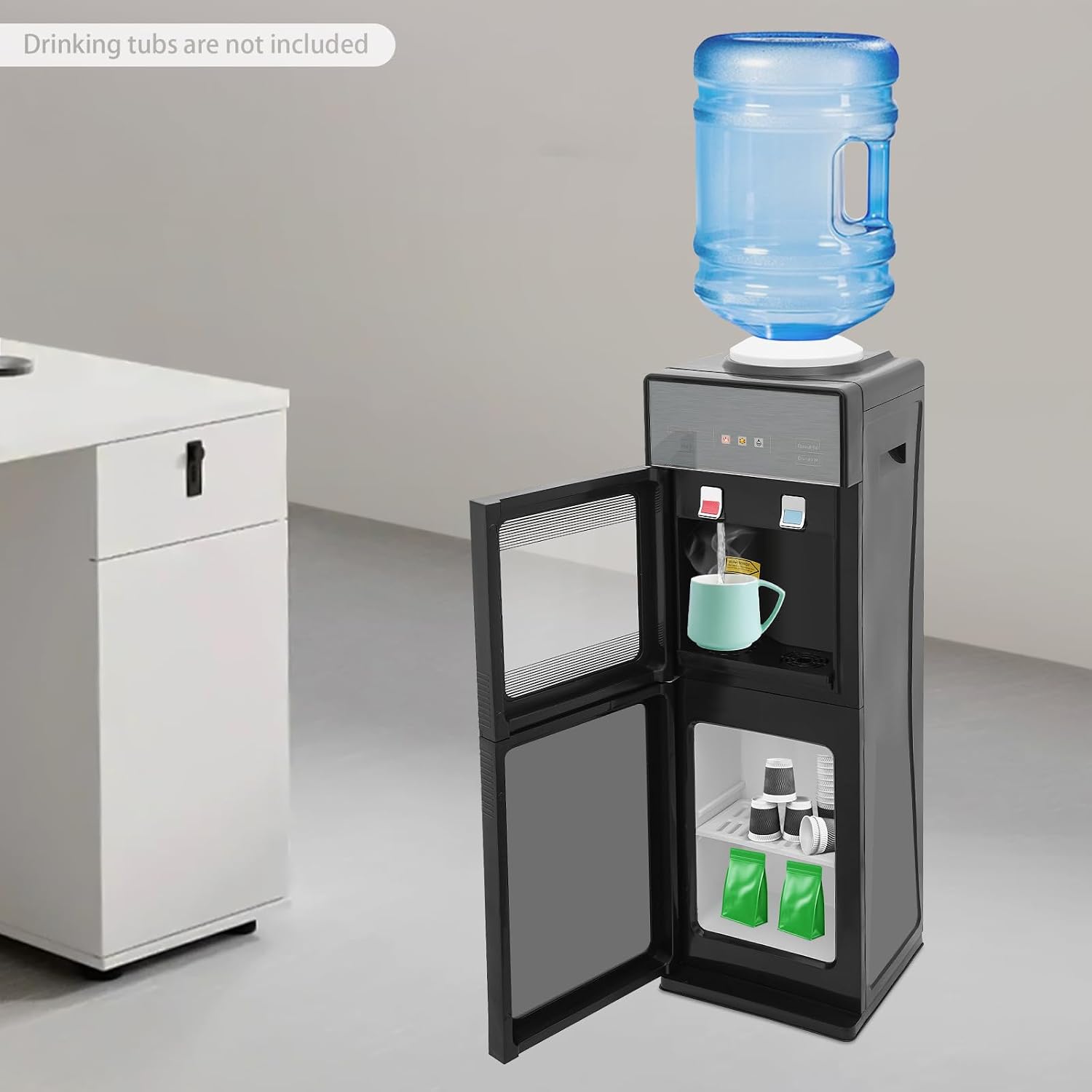 Bacocoo Freestanding Hot&Cold Water Dispenser for Home Office, Top Loading Water Dispenser with Hot,Cold Room Temp, Grey&Black Compact Space-Saving Design.