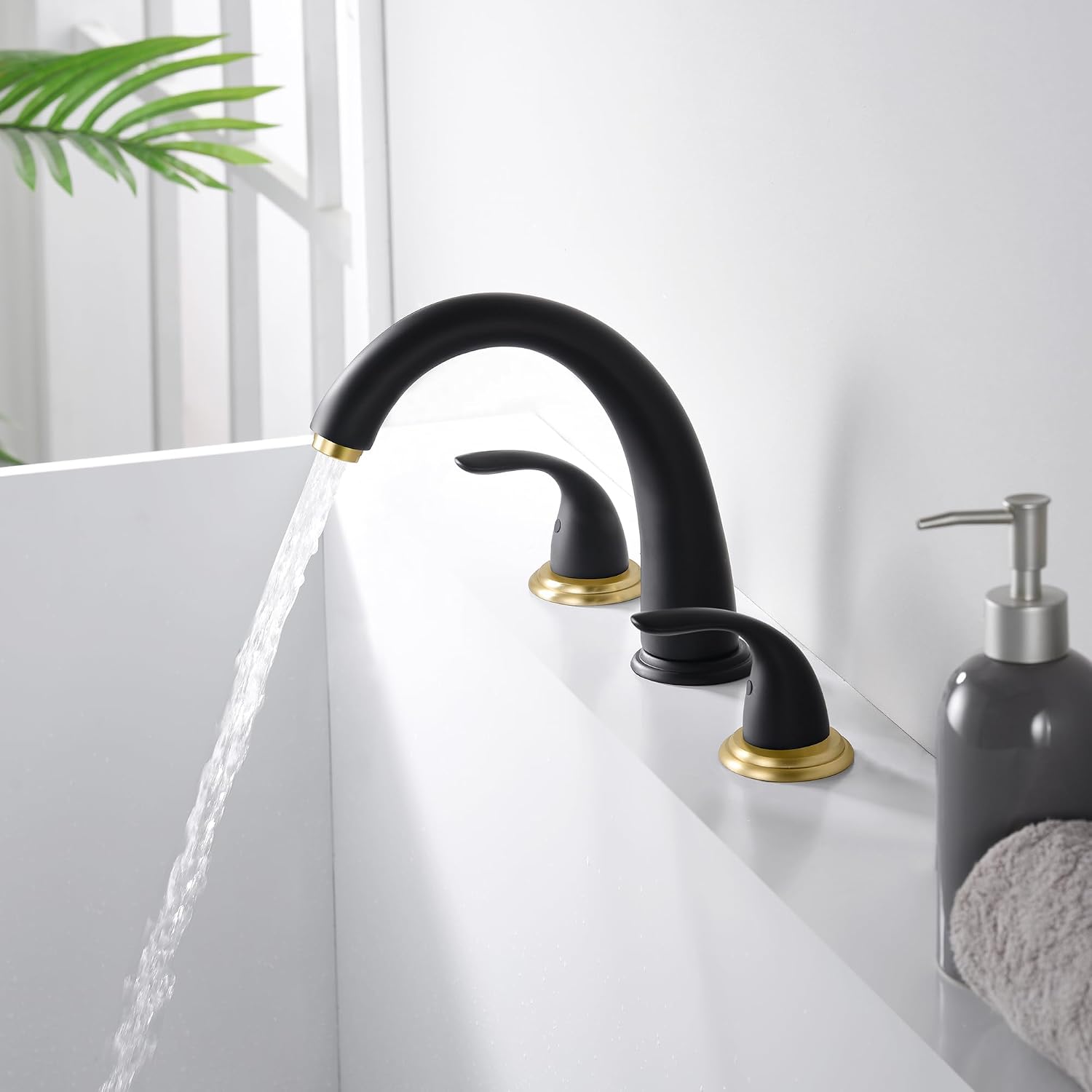 SUMERAIN Roman Tub Faucet Black and Gold Widespread 2 Handle Bathtub Faucet with Valve