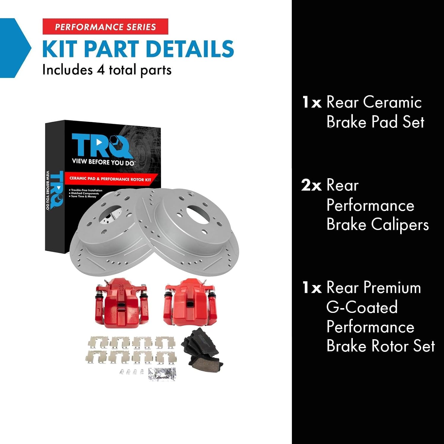 TRQ Performance Rear Brake Pad and Rotor Set Ceramic Slotted Drilled Coated Rotors Calipers Red Compatible with 2012-2018 Toyota RAV4