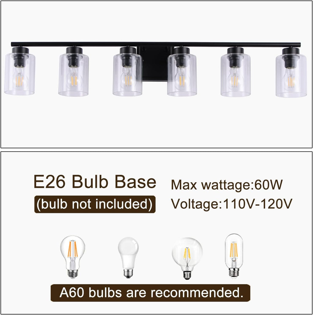 6 Light Bathroom Light Fixtures, 40 Inches Bathroom Lighting Fixtures Over Mirror, Black Vanity Light with Clear Glass Shades