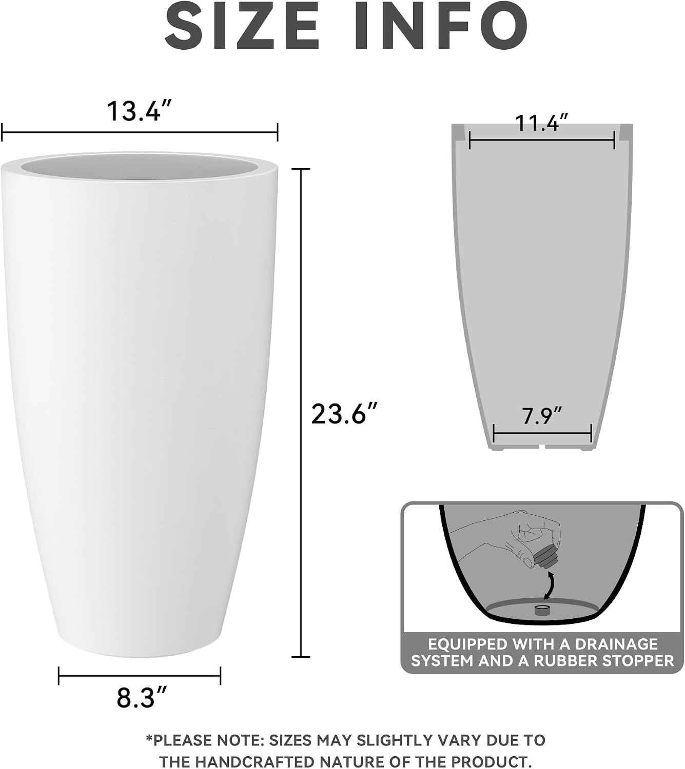 Kante 23.6' H Pure White Concrete Tall Planters (Set of 2), Large Outdoor Indoor Decorative Plant Pots with Drainage Hole and Rubber Plug, Modern Style for Home and Garden