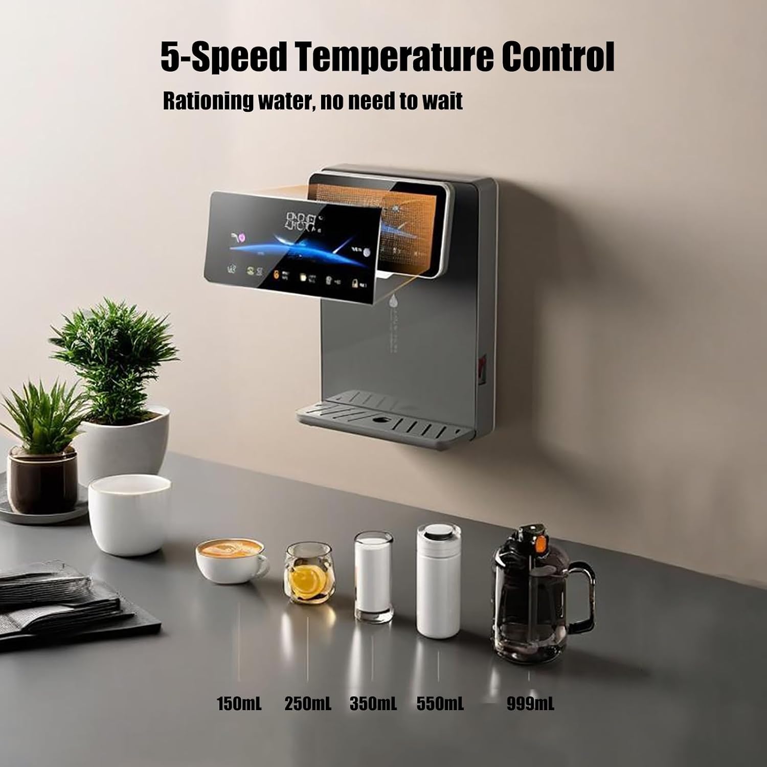 Wall Mounted Instant Heat Office Water Cooler, Countertop Water Dispenser with Child Locks, Adjustable 5 Temp 5 Water Volume Dispense(White)