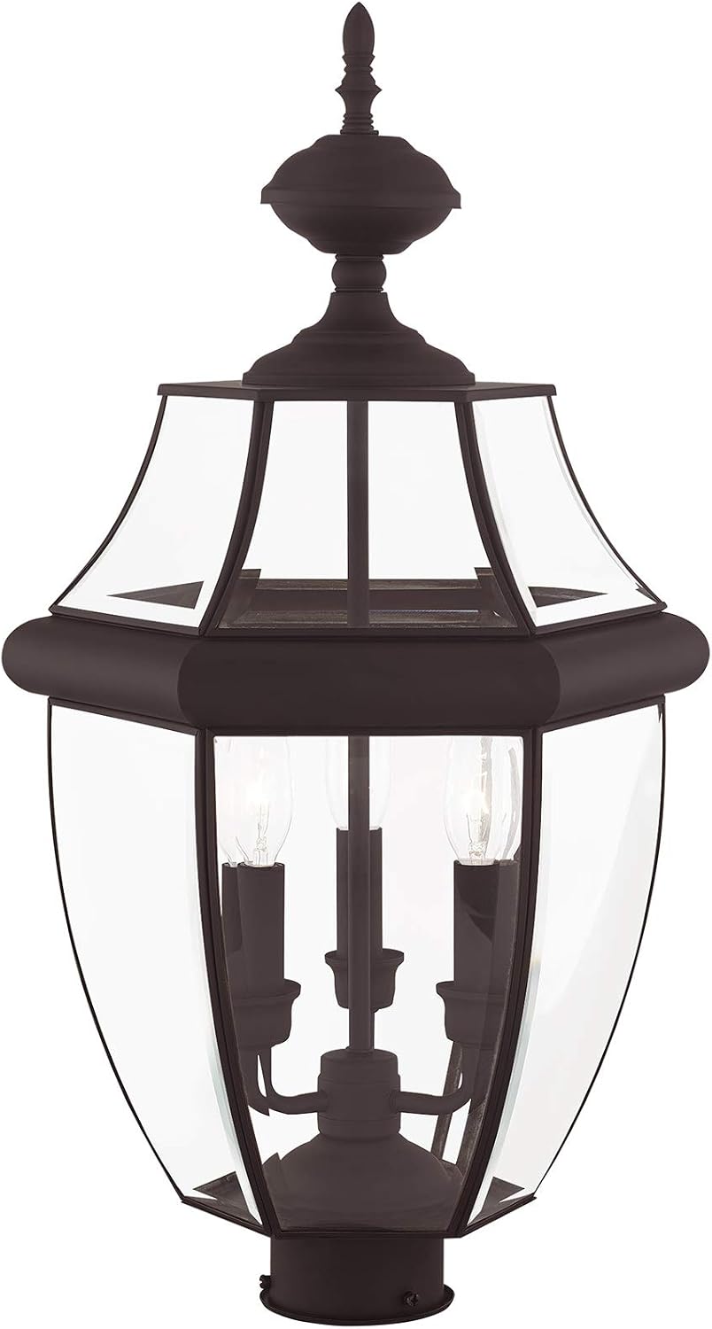 Livex Lighting 2354-07 Monterey 3 Light Outdoor Bronze Finish Solid Brass Post Head with Clear Beveled Glass