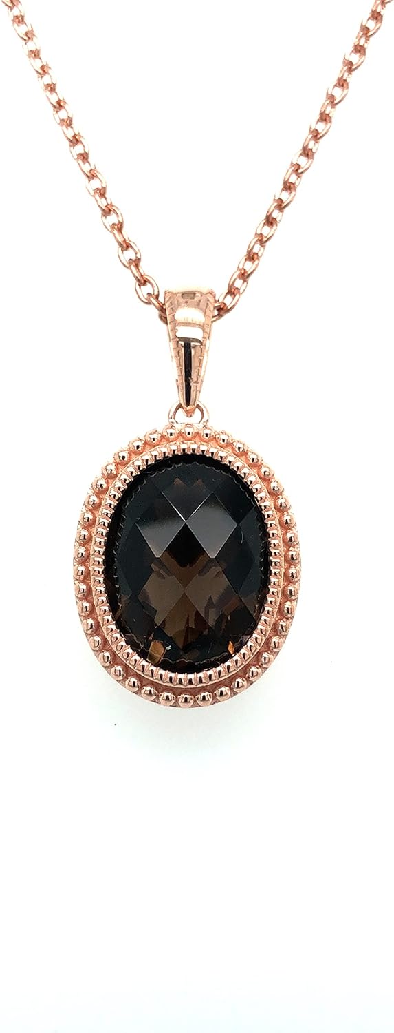 LE VIAN Brown Smoky Quartz or Blue Topaz Pendant Necklace for Women in 14K Rose Gold Plated 925 Sterling Silver on 18 Inch Cable Chain with Spring Ring Clasp or Lobster Claw Clasp