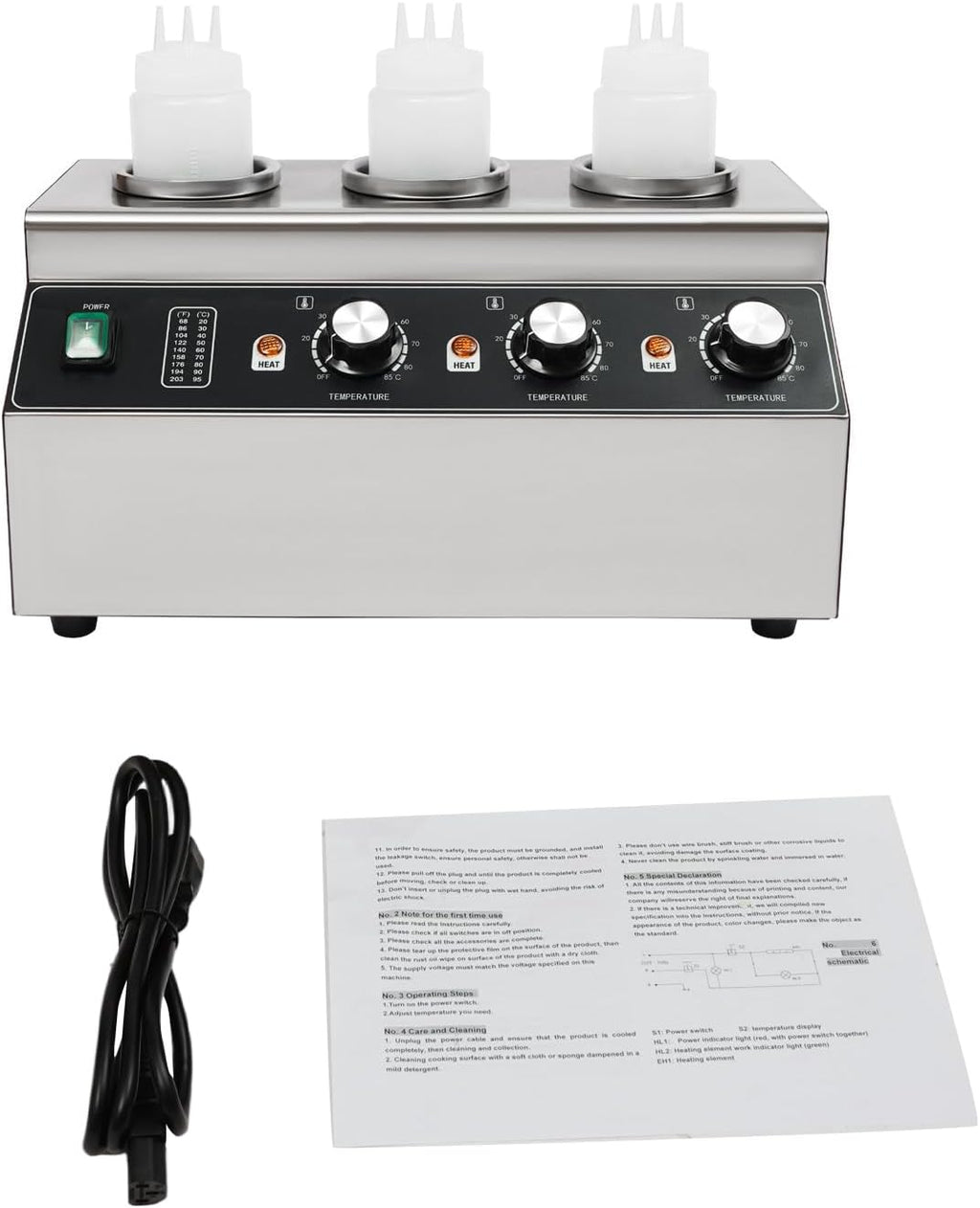 Electric Sauce Warmer Dispenser, 240W Countertop Stainless Steel Jam Heat Preservation Machine with 3x680ml Squeeze Bottle, Commercial Hot Fudge Dispenser Warmer for Nacho Cheese Ketchup (3 Bottle)