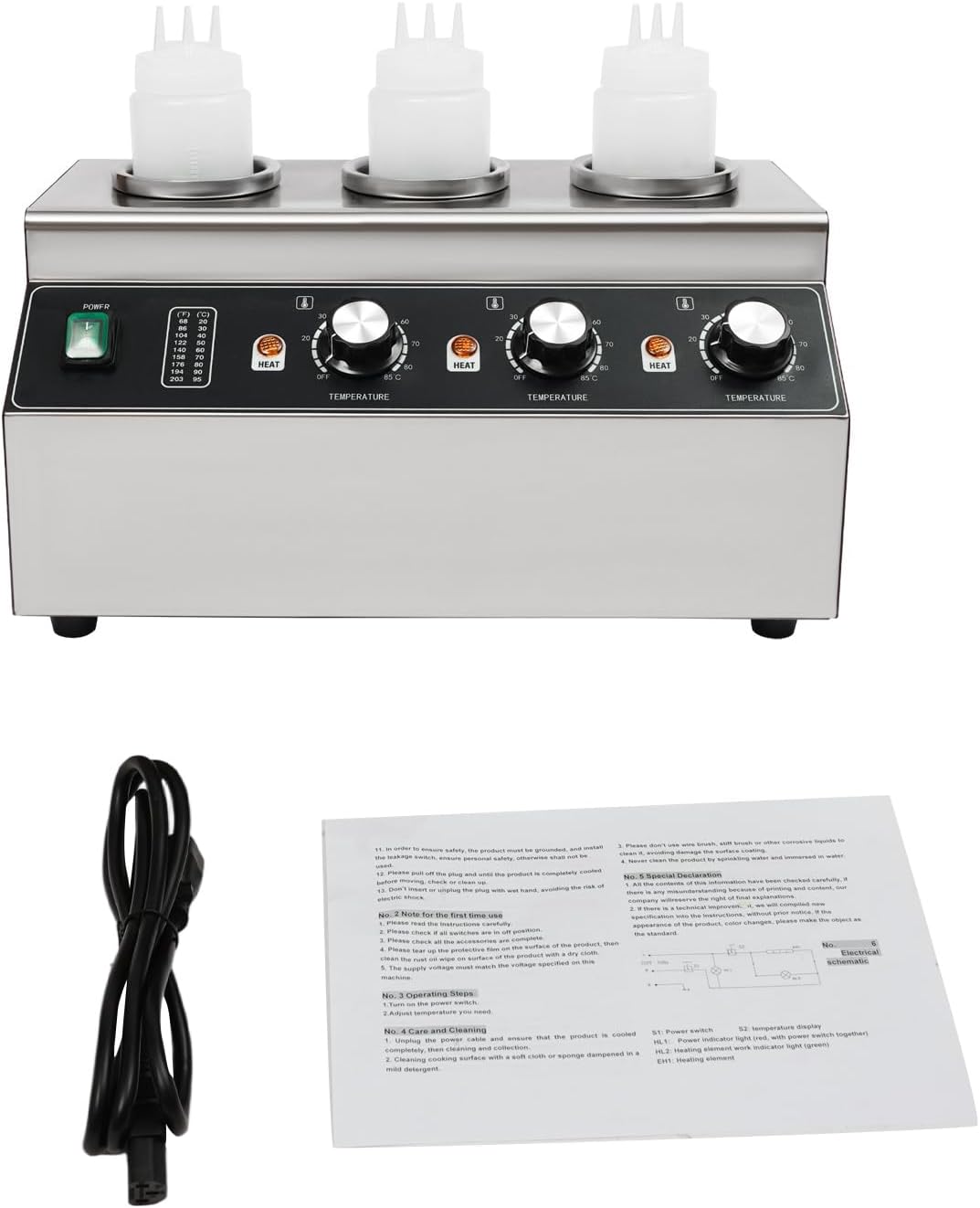 Electric Sauce Warmer Dispenser, 240W Countertop Stainless Steel Jam Heat Preservation Machine with 3x680ml Squeeze Bottle, Commercial Hot Fudge Dispenser Warmer for Nacho Cheese Ketchup (3 Bottle)