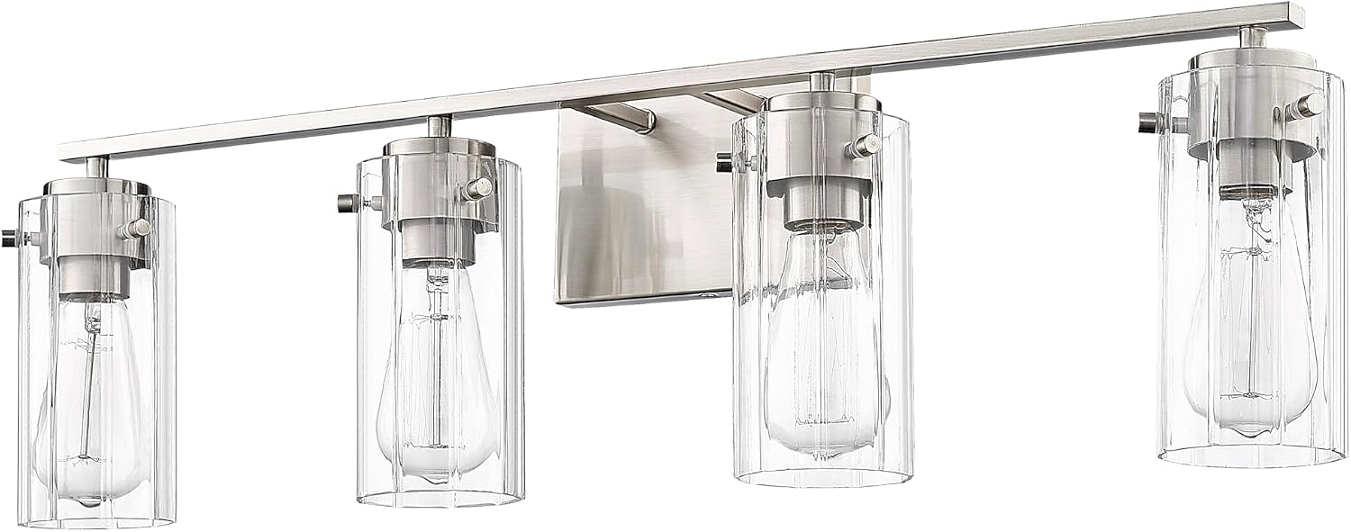 ML Lighting | Serena Collection | 10304-BN | 4 Light Vanity in Brushed Nickel Finish with Clear Ribbed Glass Shade | Versatile Design That adds High-End Texture and Elegance to Your Bathroom