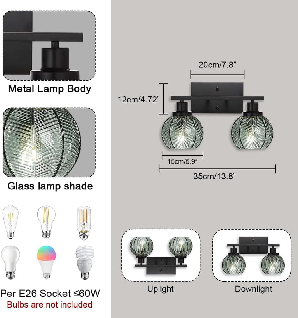 Set of 2 Wall Sconces for Bathroom Modern Vanity Light Fixtures 2-Light Black Wall Sconce with Green Glass Shade Farmhouse Wall Lights for Bedroom Living Room