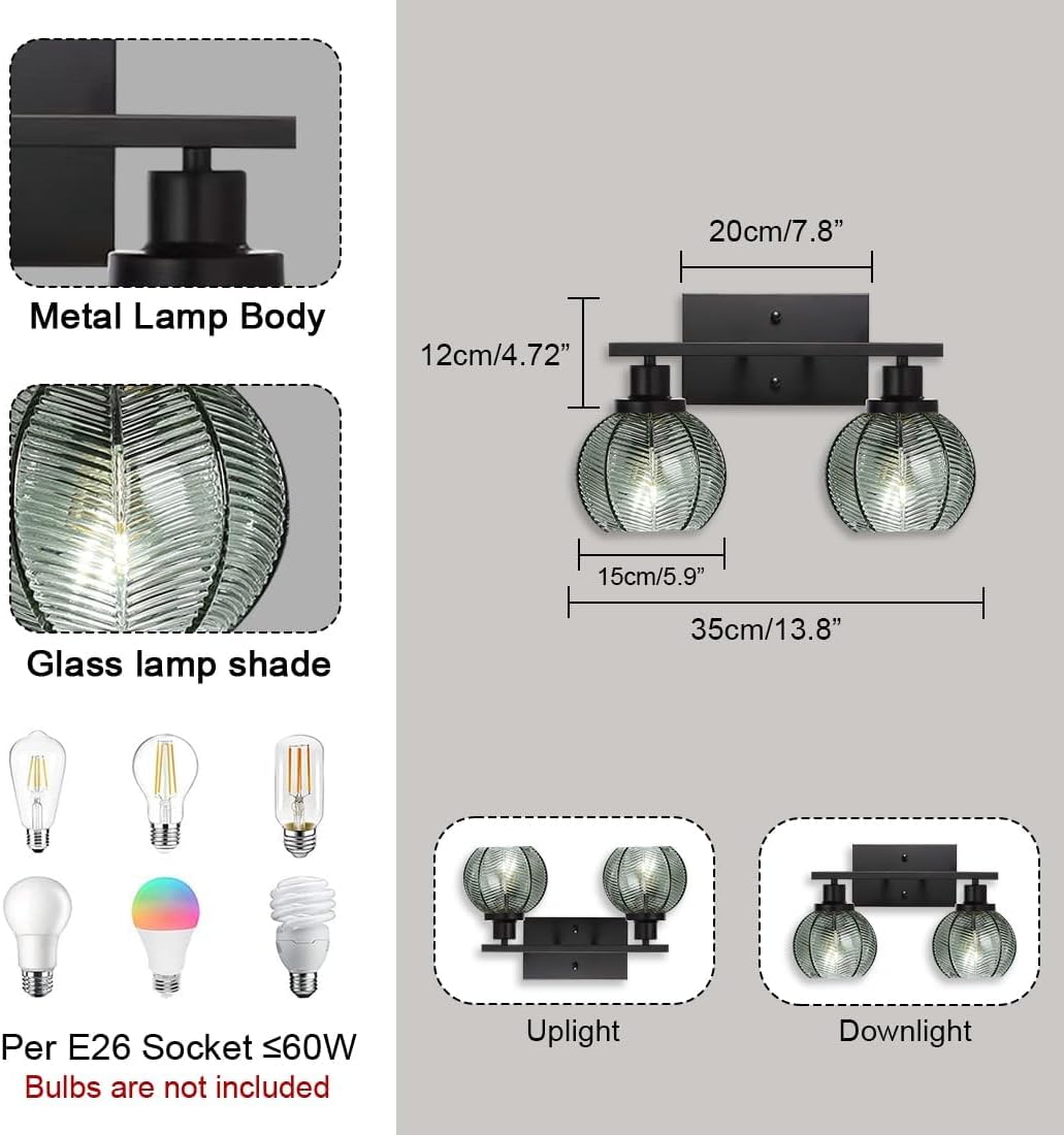 Set of 2 Wall Sconces for Bathroom Modern Vanity Light Fixtures 2-Light Black Wall Sconce with Green Glass Shade Farmhouse Wall Lights for Bedroom Living Room