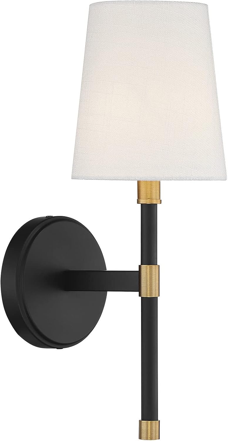 Savoy Essentials 9-1632-1-143 Brody Traditional White Fabric Wall Sconce, 1-Light 60 Watt, 16' H x 6' W, Matte Black with Warm Brass Accents