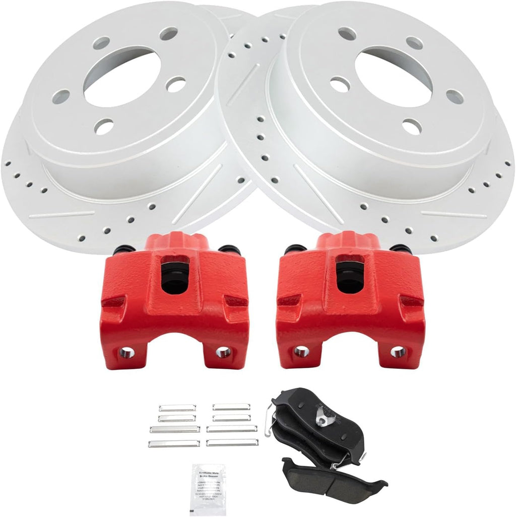 TRQ Performance Rear Brake Pad and Rotor Set Ceramic Coated Drilled Slotted Rotors Calipers Red Compatible with 2003-2007 Jeep Liberty 2003-2006 Wrangler