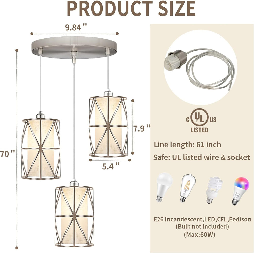 Brushed Nickel 3 Light Chandelier, Adjustable Height Pendant Lights Kitchen Island, Modern Pendant Lights with Linen Shade, Kitchen Light fixtures for Kitchen, Dining Room, Living Room