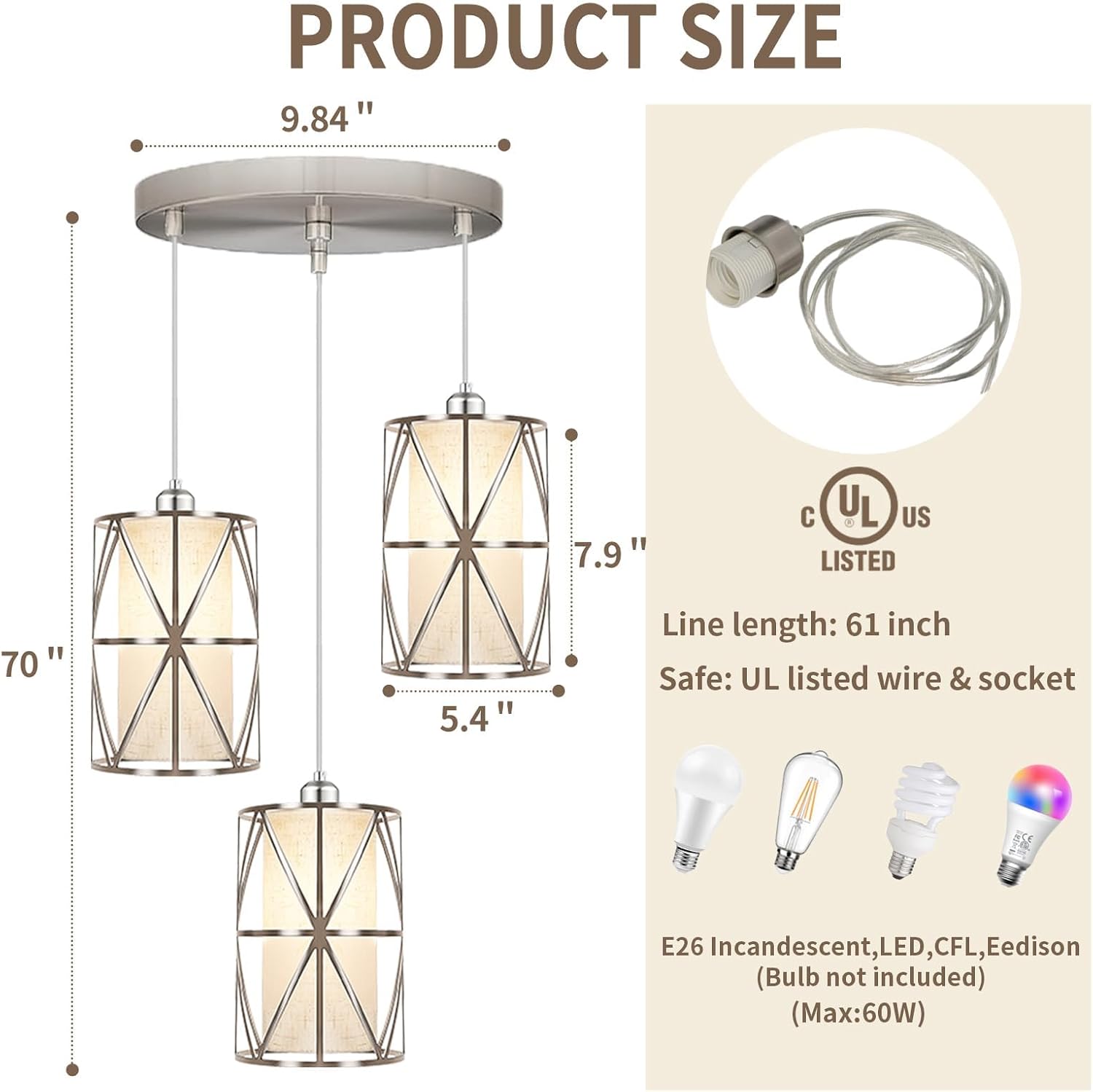 Brushed Nickel 3 Light Chandelier, Adjustable Height Pendant Lights Kitchen Island, Modern Pendant Lights with Linen Shade, Kitchen Light fixtures for Kitchen, Dining Room, Living Room