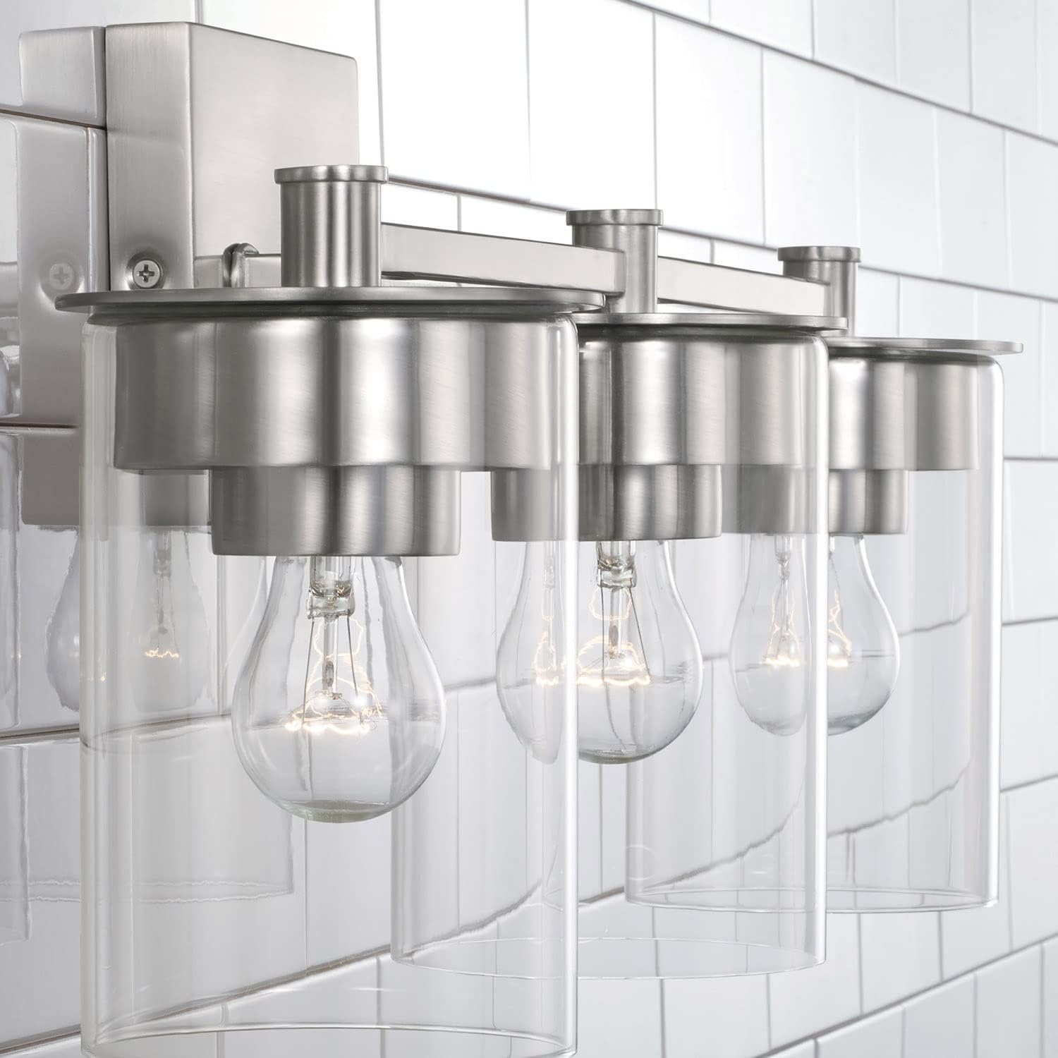HomePlace by Capital Lighting 146831BN-532 Mason Transitional Clear Glass Cylinder Vanity Light for Bathroom, 3-Light 300 Total Watts, 9' H x 21' W, Brushed/Satin Nickel