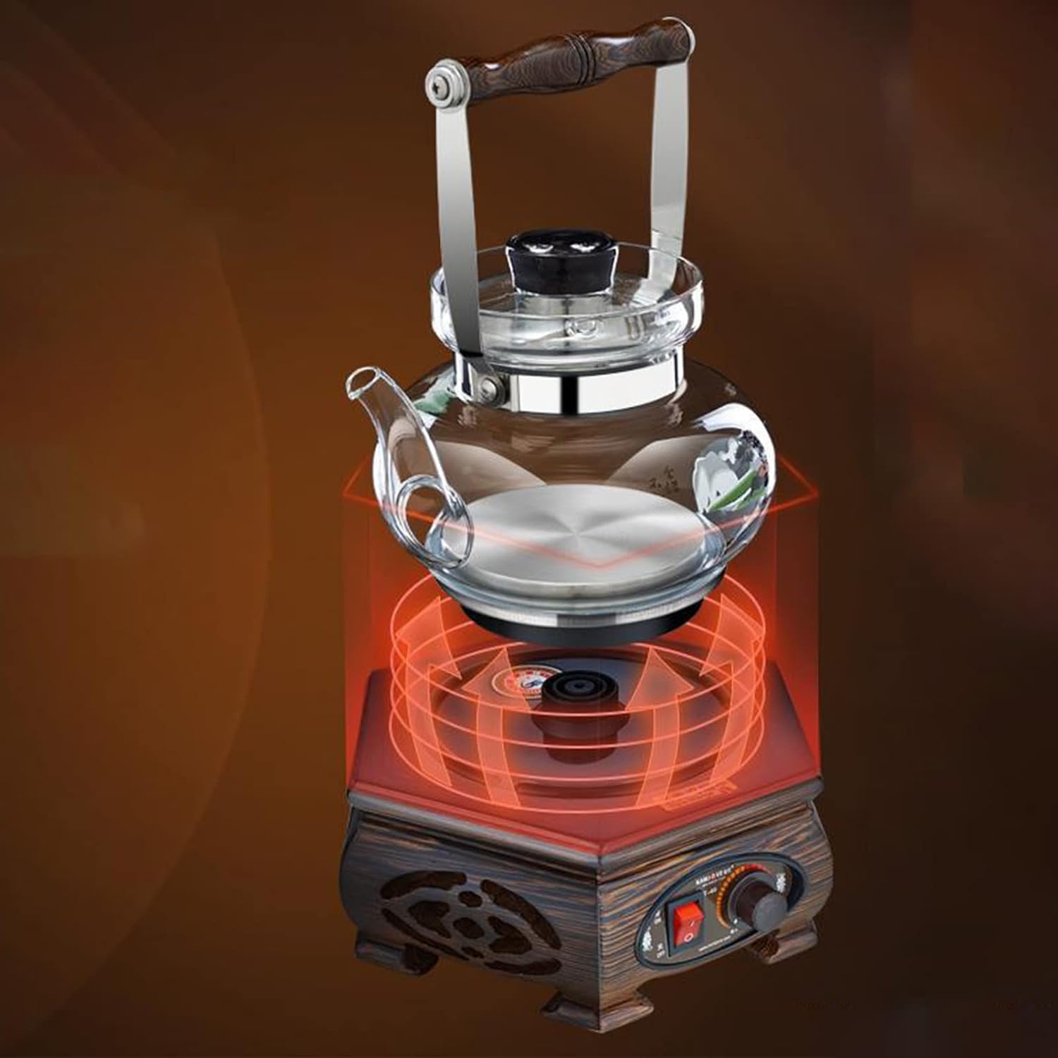 0.8l Retro Electric Kettle Glass Rotary Button Wood-Carved Handle 200w-800w Silent Heating Glass Kettle Electric Tea Set Glass Teapot Hot Water Dispensers (A) lofty ambition hopeful