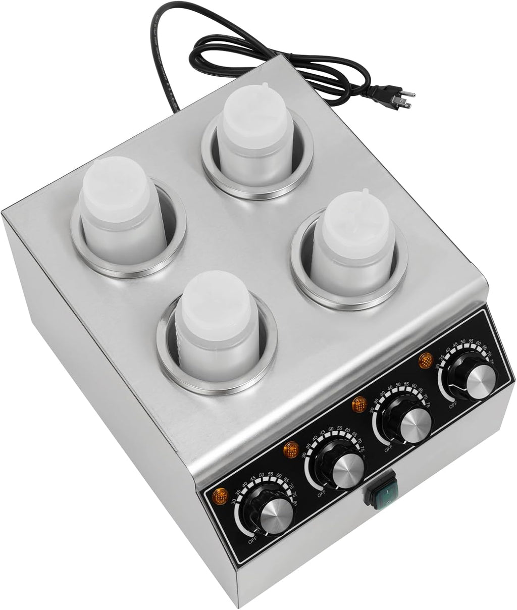 Electric Sauce Warmer Dispenser, 4 Grids Countertop Stainless Steel Sauce Heat Preservation Machine Hot Fudge Bottle Warmer Nacho Cheese Warmer Dispenser 86-185 ℉ 650ml