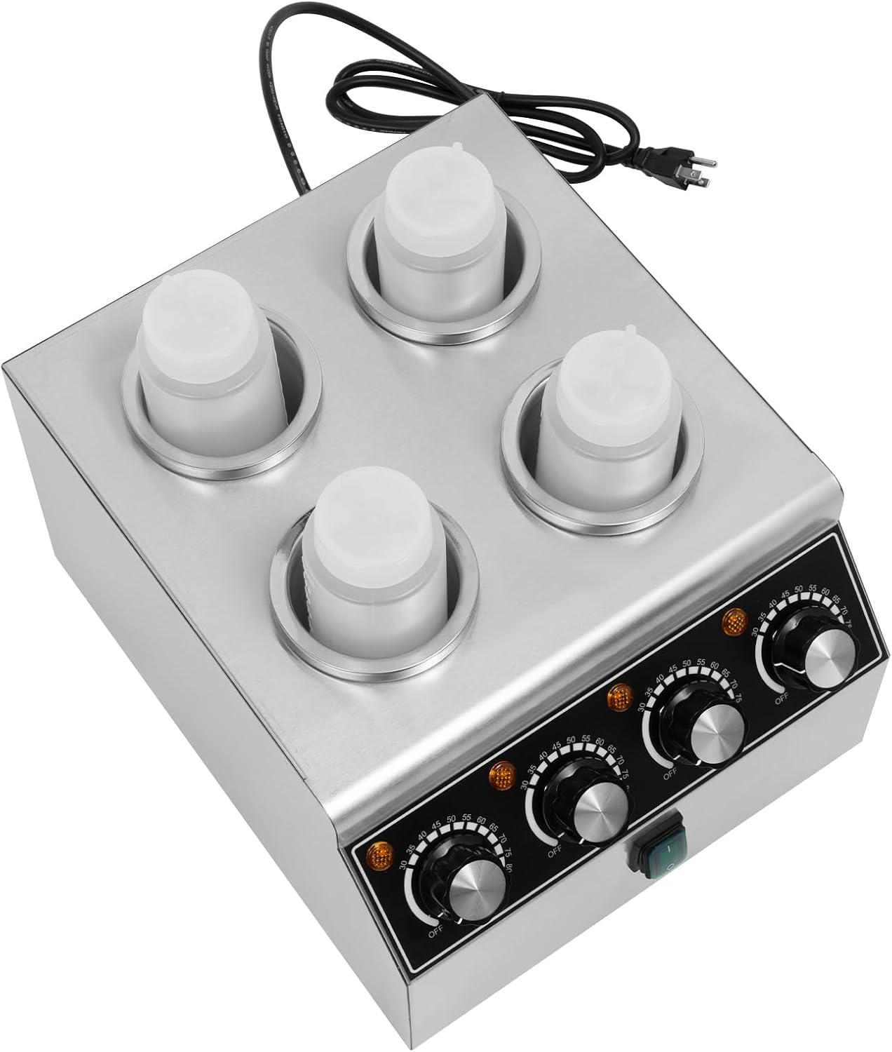 Electric Sauce Warmer Dispenser, 4 Grids Countertop Stainless Steel Sauce Heat Preservation Machine Hot Fudge Bottle Warmer Nacho Cheese Warmer Dispenser 86-185 ℉ 650ml