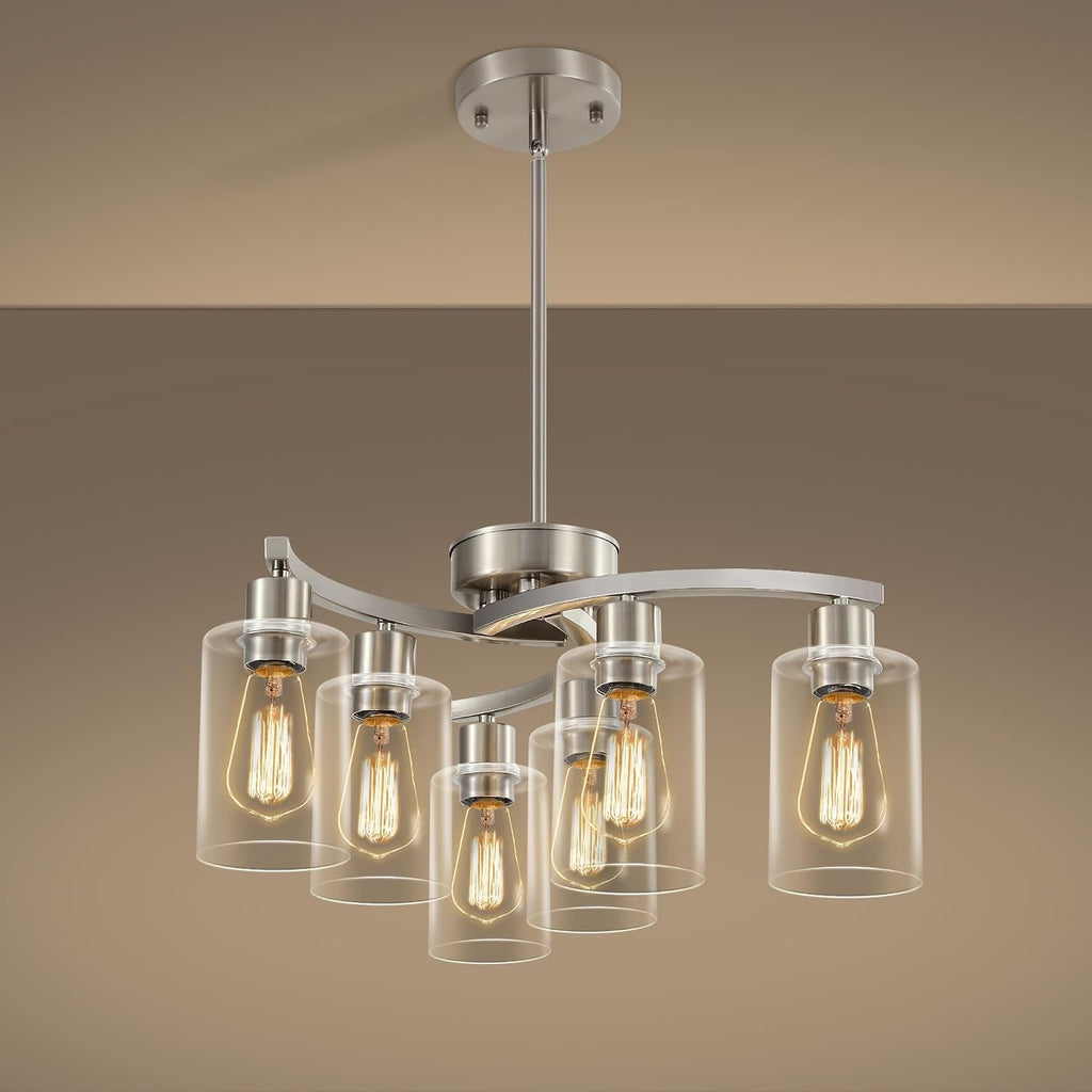 Sigaitwei 6 Light Farmhouse Brushed Nickel Chandelier,21.7' Modern Chandeliers for Dining Room Light Fixtures Over Table,Pendant Lights Kitchen Island,Metal Bracket with Downward Clear Glass Shade