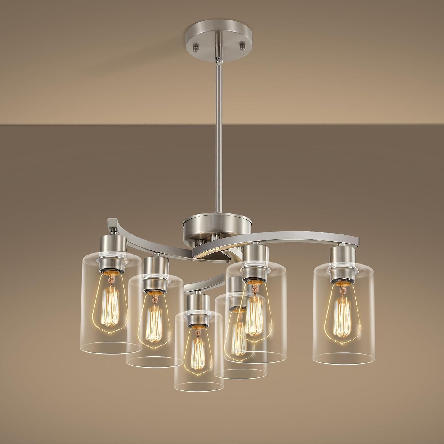 Sigaitwei 6 Light Farmhouse Brushed Nickel Chandelier,21.7' Modern Chandeliers for Dining Room Light Fixtures Over Table,Pendant Lights Kitchen Island,Metal Bracket with Downward Clear Glass Shade