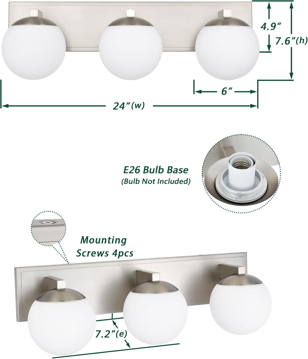 Bathroom Vanity Light Fixtures, 3-Light Globe Bathroom Lighting Fixtures Over Mirror, Modern Wall Lights for Living Room, Long Backplate, Standard E26 Base, Brushed Nickel