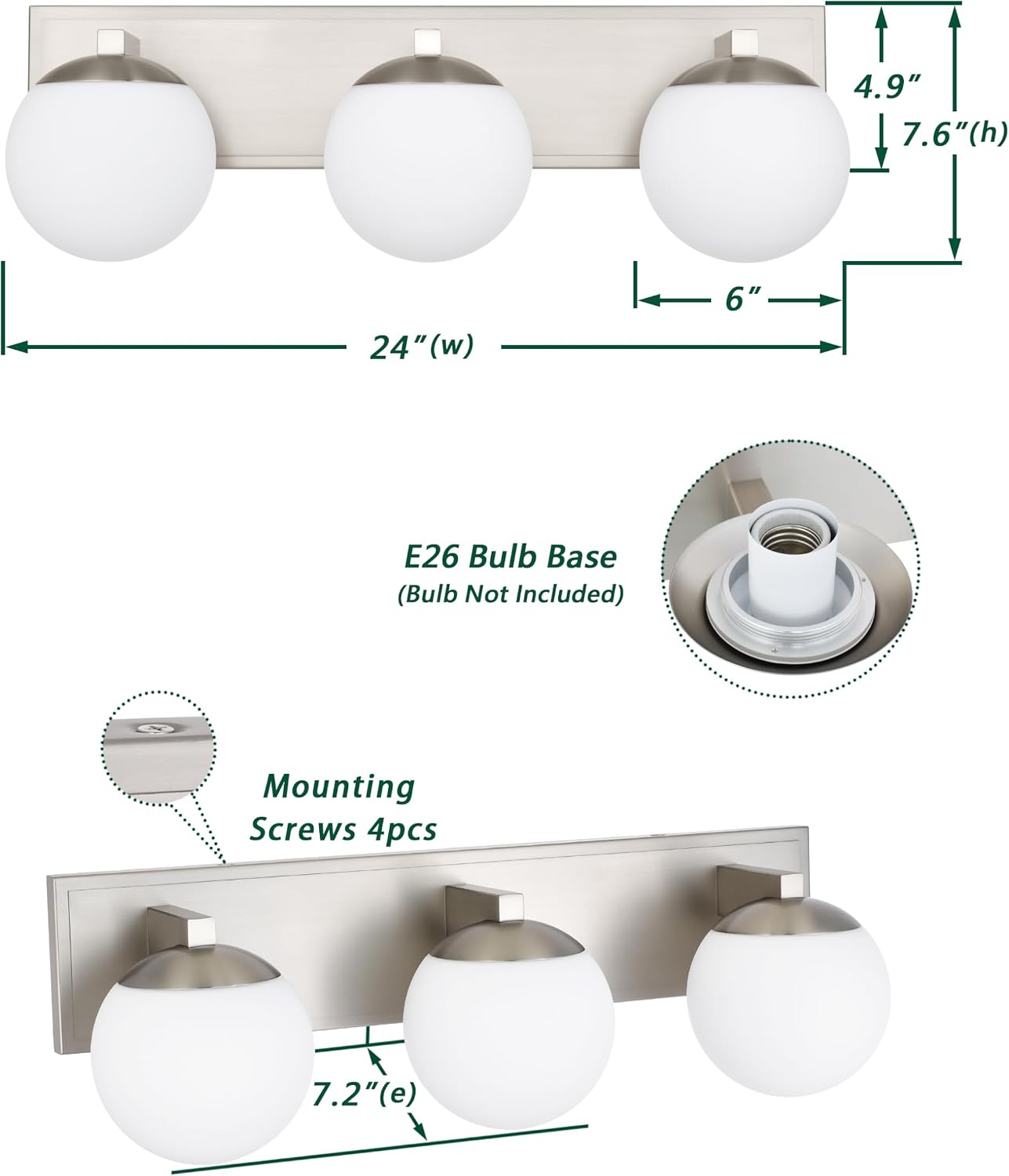 Bathroom Vanity Light Fixtures, 3-Light Globe Bathroom Lighting Fixtures Over Mirror, Modern Wall Lights for Living Room, Long Backplate, Standard E26 Base, Brushed Nickel