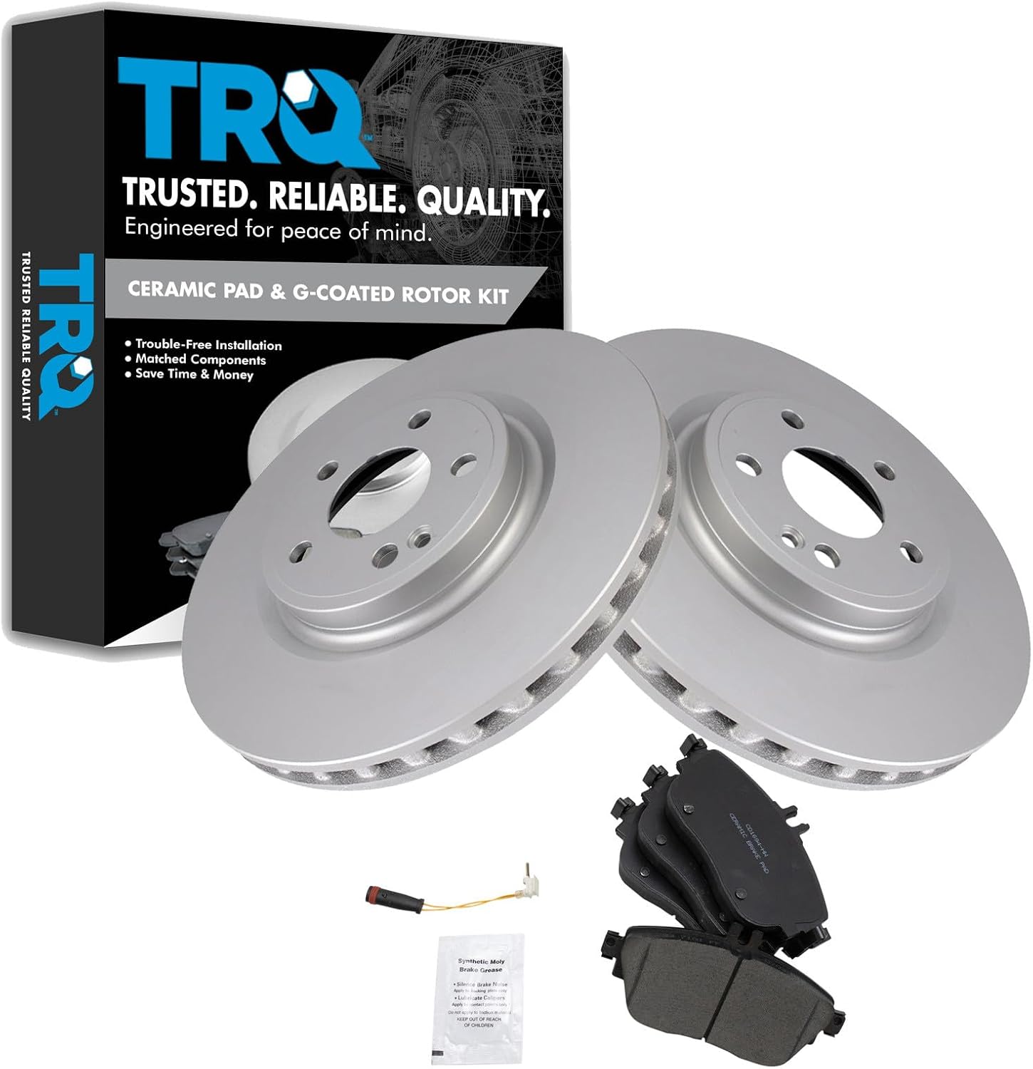 TRQ Front Ceramic Brake Pad and Rotor Set Coated Compatible with 2017-2018 Infiniti QX30 2014-2019 Mercedes-Benz CLA250 without Sport Package 2015-2019 Mercedes-Benz GLA250 without Sport Package