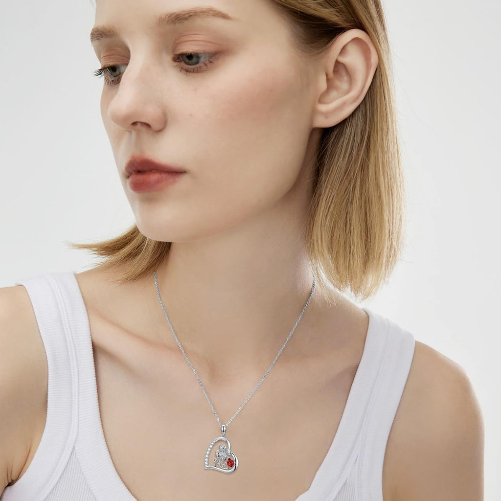 Diamond Ladybug Necklace for Women 925 Sterling Silver Ladybug Four Leaf Clover Pendant Necklace with Lab Grown Diamonds Cute Jewelry Anniversary Valentine's Day Christmas Gifts for Her