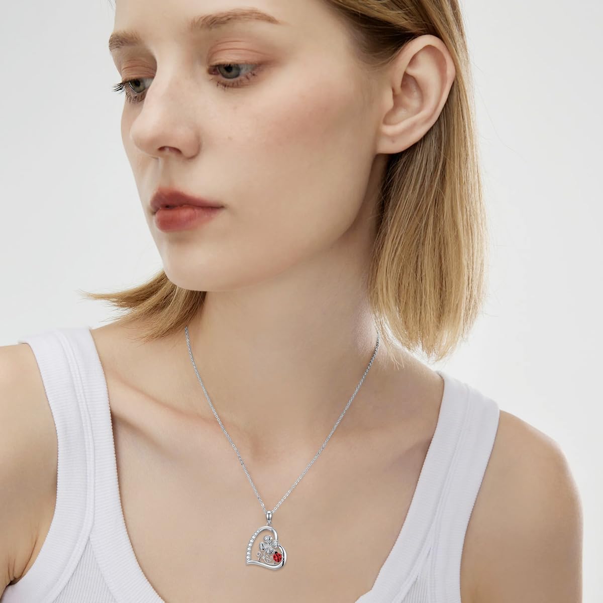 Diamond Ladybug Necklace for Women 925 Sterling Silver Ladybug Four Leaf Clover Pendant Necklace with Lab Grown Diamonds Cute Jewelry Anniversary Valentine's Day Christmas Gifts for Her